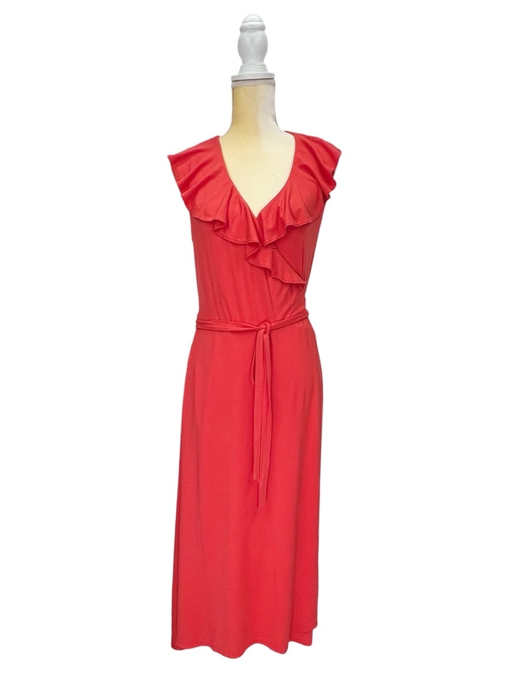 Boden Saskia Wrap Jersey Dress Size 8R Cherry Red Flutter Ruffle V-Neck Midi EUC